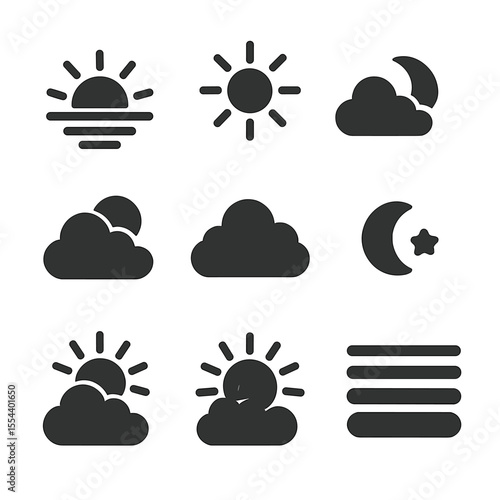 Weather Icons Grid. Solid, filled icons set of weather and sky changes: sunrise, midday sun, sunset glow, blue