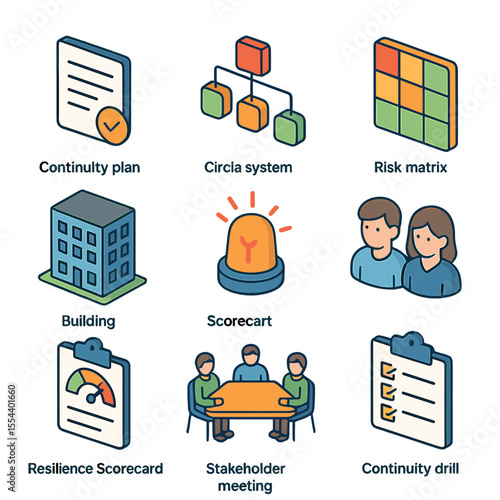 Business Continuity Icons. Isometric Flat icon set of business continuity processes: continuity plan document, critical system