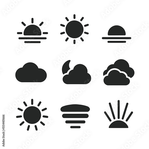 Weather Icons Grid. Solid, filled icons set of weather and sky changes: sunrise, midday sun, sunset glow, blue