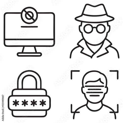 Black and White Outline Vector Icon Set of Personal Data Privacy, Webcam Cover, Incognito Mode, Password Lock, and Facial Blur