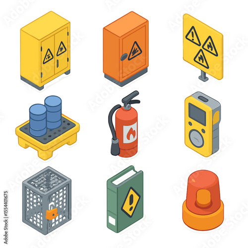 Hazardous Material Icon Set. Isometric Flat icon set of hazardous material storage: chemical storage cabinet, explosion-proof