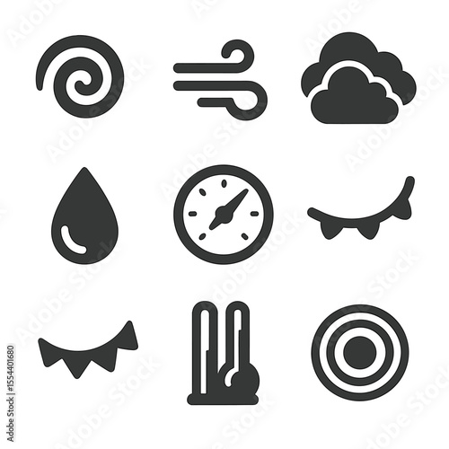 Weather Icon Set. Solid, filled icons set of weather and atmosphere: sky swirl, air current, cloud pattern,
