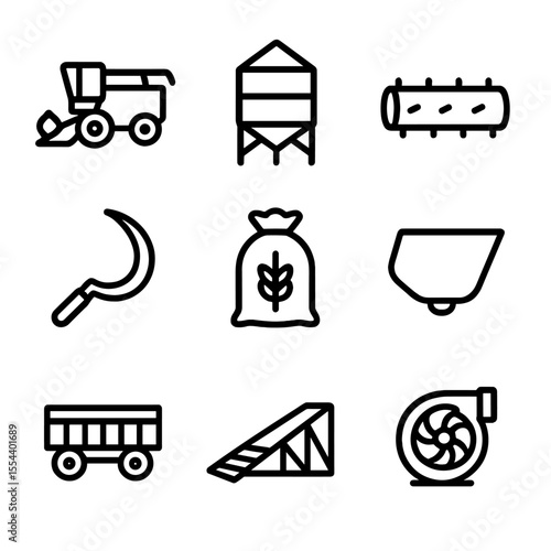 Harvest Equipment Icons. Outline icon set of harvest preparation: combine harvester, grain bin, threshing drum, harvesting sickle,