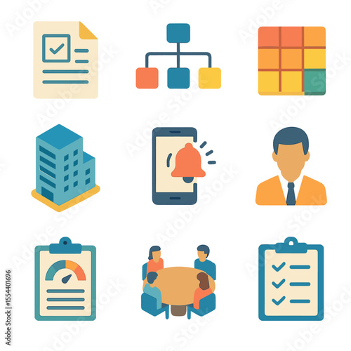 Business Continuity Icons. Isometric Flat icon set of business continuity processes: continuity plan document, critical system