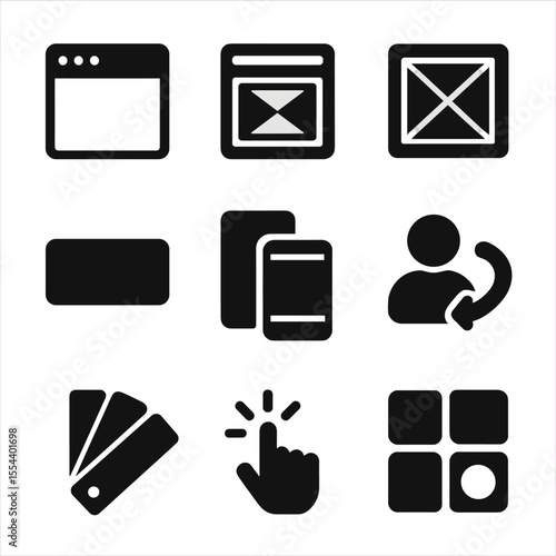 Web Design Icons. Solid, filled icons set of web and app design: browser icon, UI element, wireframe, button