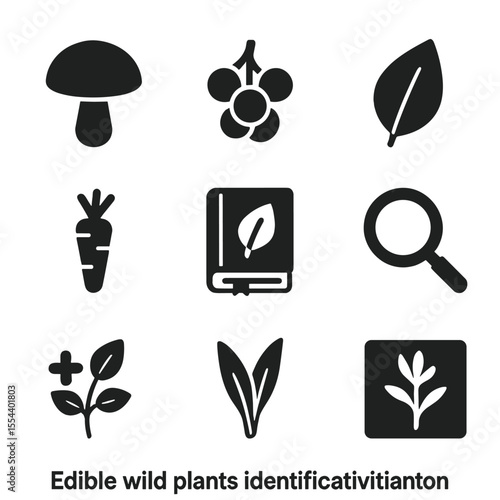 Wild Plant Icon Set. Solid, filled icons set of edible wild plants identification: mushroom cap, berry cluster