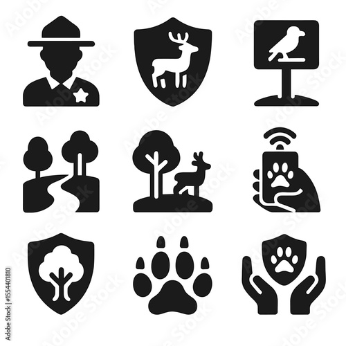 Wildlife Reserve Icons. Solid, filled icons set of protected wildlife reserves: park ranger, preserve badge,