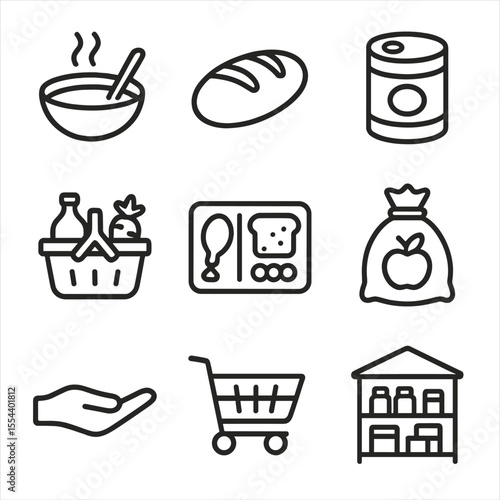 Food Assistance Icons. Outline icon set of food assistance: soup bowl, bread loaf, canned goods, food basket, meal tray, donation