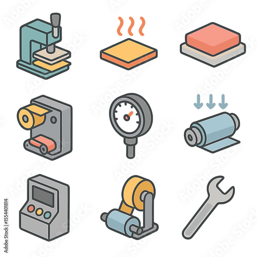 Foil Stamping Machines Icons. Isometric Flat icon set of foil stamping machines: hot stamping press, heating plate, silicone pad,