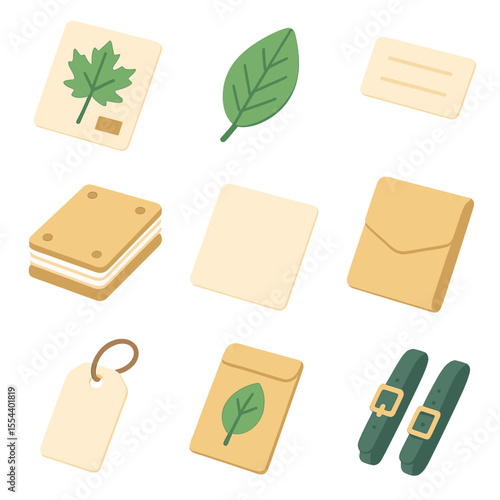 Herbarium Icon Collection. Isometric Flat icon set of herbarium and leaf collection: herbarium sheet, pressed leaf, specimen label