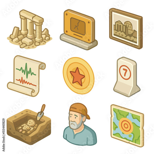 Historical Earthquake Icons. Isometric Flat icon set of historical earthquake events: ancient ruin rubble, commemorative plaque,