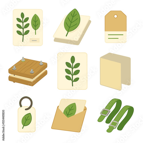 Herbarium Icon Collection. Isometric Flat icon set of herbarium and leaf collection: herbarium sheet, pressed leaf, specimen label