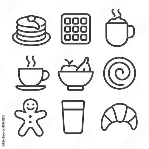 Holiday Breakfast Icons. Outline icon set of holiday morning breakfast: pancakes stack, waffle, hot chocolate mug, coffee cup,