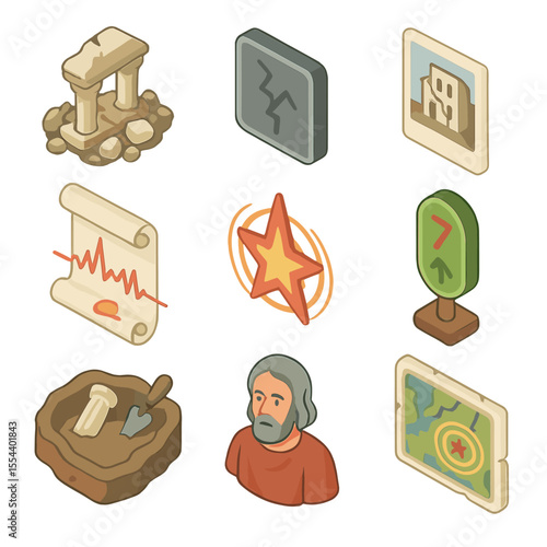 Historical Earthquake Icons. Isometric Flat icon set of historical earthquake events: ancient ruin rubble, commemorative plaque,