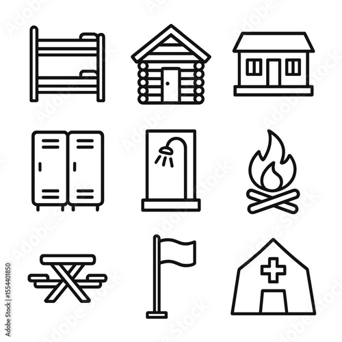 Camp Facility Icons. Outline icon set of camp accommodation and facilities: bunk bed, cabin, dining hall, locker room, shower