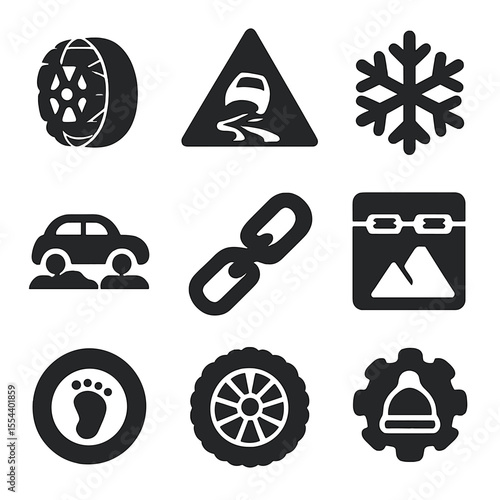 Winter Tire Icon Set. Solid, filled icons set of snow chains on tires: tire with chain, icy road, snowflake,