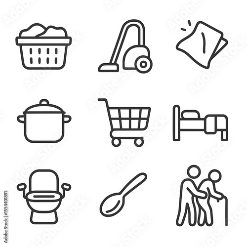 Home Care Icons. Outline icon set of home caregiving tasks: laundry basket, vacuum cleaner, dusting cloth, cooking pot, shopping
