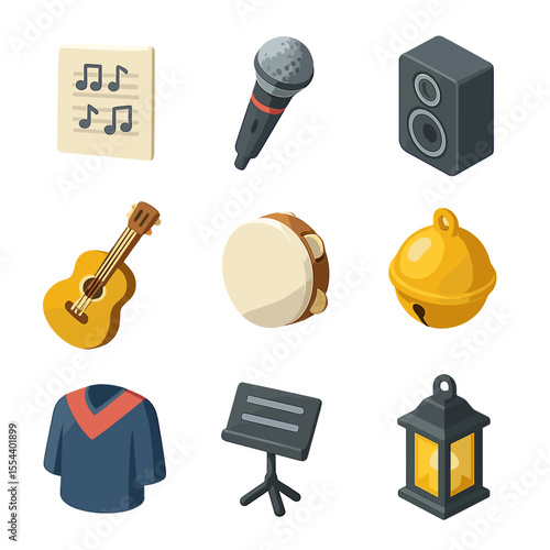 Holiday Music Icons. Isometric Flat icon set of holiday music and caroling: sheet music, microphone, speaker, acoustic guitar,