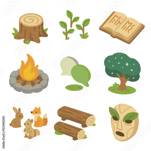 Forest Storytelling Icons. Isometric Flat icon set of forest storytelling scene: storyteller tree stump, listening saplings,