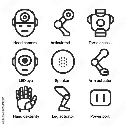 Humanoid Robot Icon Set. Outline icon set of Humanoid Robot Features: head camera, articulated joint, torso chassis, LED eye,