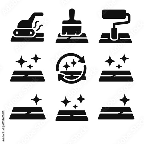 Wood Floor Icon Set. Solid, filled icons set of refreshing old wood floors: sanding icon, refinish brush, top