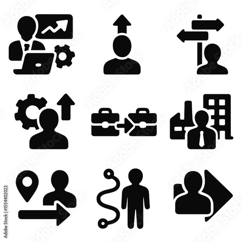 Workforce Transition Icons. Solid, filled icons set of workforce transitions: retraining, upskilling, career