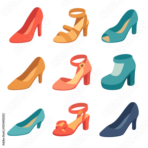 Formal Shoe Icon Collection. Isometric Flat icon set of formal shoes collection: stiletto heel pump, strappy sandal, peep-toe pump