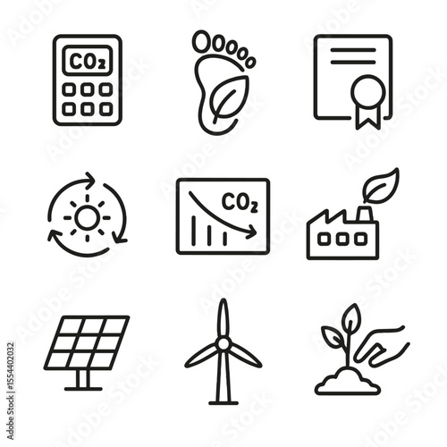Carbon Footprint Icon Set. Outline icon set of carbon footprint reduction: carbon calculator, footprint with leaf, offset credit