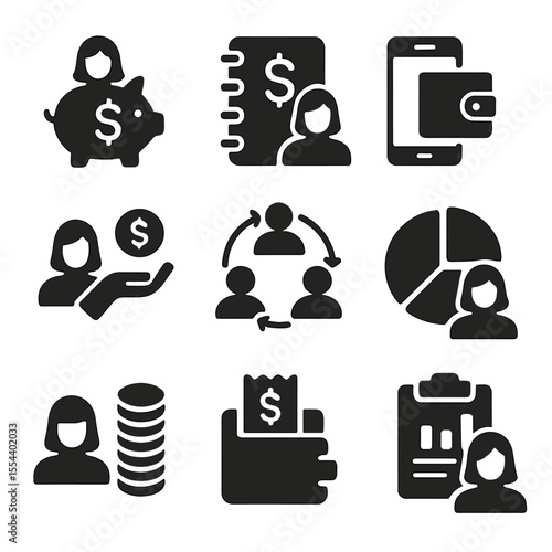 Women's Financial Icons. Solid, filled icons set of women’s financial empowerment: piggy bank, savings