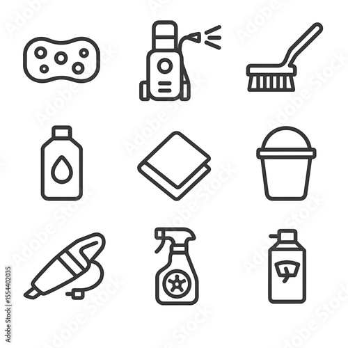 Car Cleaning Icons. Outline icon set of Car and Vehicle Cleaning: car wash sponge, pressure washer, tire brush, wax bottle,