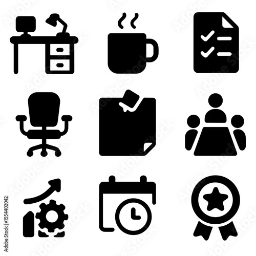 Workday Icon Suite. Solid, filled icons set of workday organization: office desk, morning coffee, task paper,