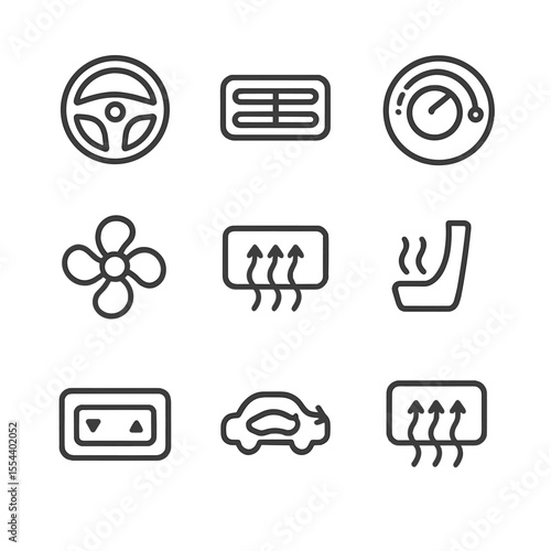 Car Climate Control Icons. Outline icon set of climate control POV: steering wheel, AC vents, temperature dial, fan icon, defrost