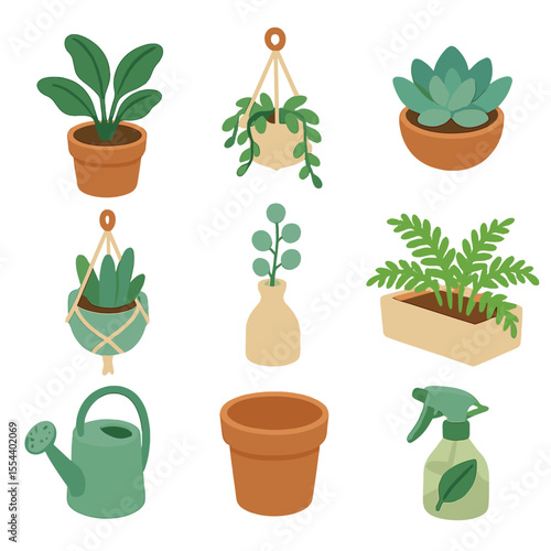 Isometric Iconic Bedroom Plants. Isometric Flat icon set of relaxing bedroom plants: potted plant, hanging planter, succulent,