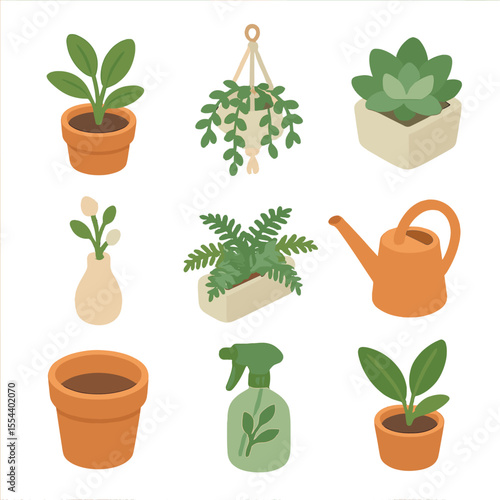 Isometric Iconic Bedroom Plants. Isometric Flat icon set of relaxing bedroom plants: potted plant, hanging planter, succulent,