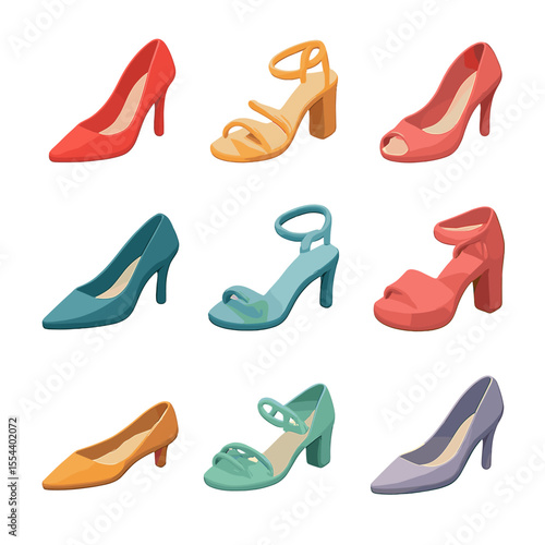 Formal Shoe Icon Collection. Isometric Flat icon set of formal shoes collection: stiletto heel pump, strappy sandal, peep-toe pump