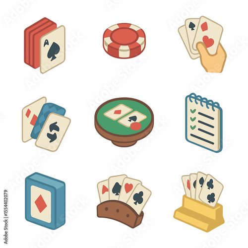 Card Game Icons. Isometric Flat icon set of card games for families: deck of cards, poker chip, playing hand, card shuffle, card