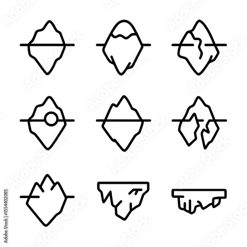 Iceberg Anatomy Icons. Outline icon set of iceberg anatomy: keel, crown, snow cap, meltwater channel, brine pocket, underwater