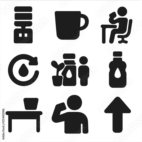 Workplace Water Icons. Solid, filled icons set of workplace water habits: office water cooler, cup icon,