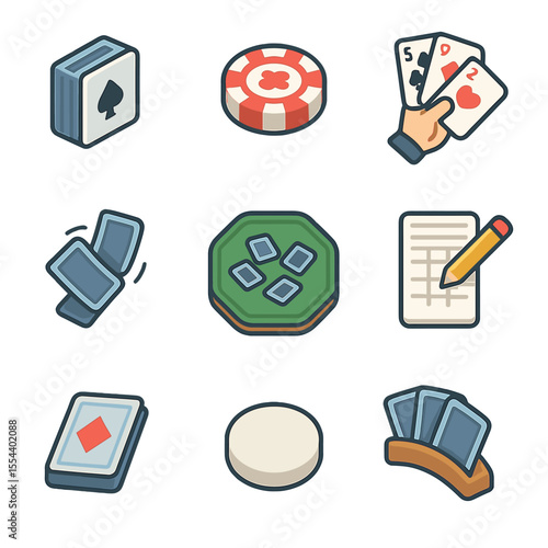 Card Game Icons. Isometric Flat icon set of card games for families: deck of cards, poker chip, playing hand, card shuffle, card
