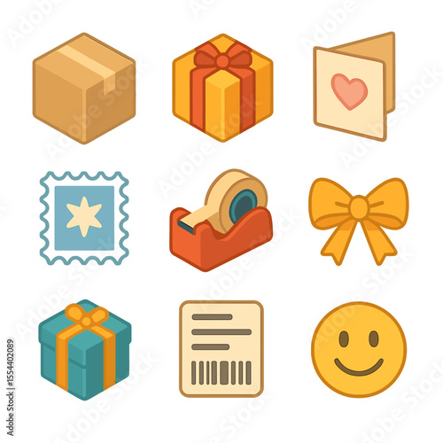 Care Package Icons. Isometric Flat icon set of care package sending: cardboard box, gift wrap, greeting card, postage stamp, tape