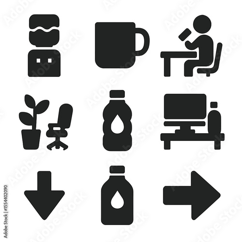 Workplace Water Icons. Solid, filled icons set of workplace water habits: office water cooler, cup icon,