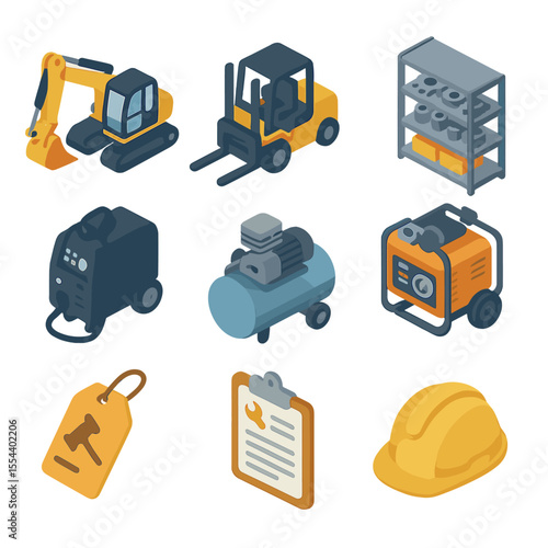Industrial Equipment Icons. Isometric Flat icon set of industrial equipment auction assets: excavator, forklift, generator,