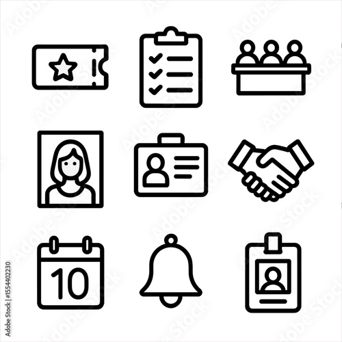 Casting Call Icons. Outline icon set of casting call essentials: audition ticket, clipboard with list, judge table, model headshot