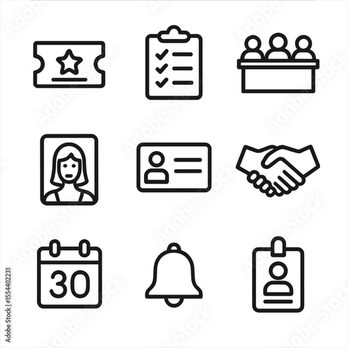 Casting Call Icons. Outline icon set of casting call essentials: audition ticket, clipboard with list, judge table, model headshot