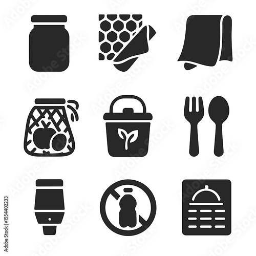 Zero Waste Icons. Solid, filled icons set of zero waste kitchen: reusable jar, beeswax wrap, cloth towel,