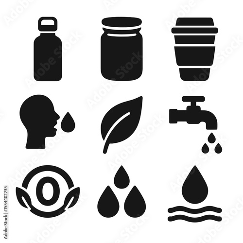 Zero-Waste Icons Grid. Solid, filled icons set of zero-waste drinking solutions: stainless steel bottle,