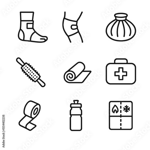 Injury Care Icons. Outline icon set of Injury Prevention and Care: ankle support brace, knee strap, ice pack, massage roller,