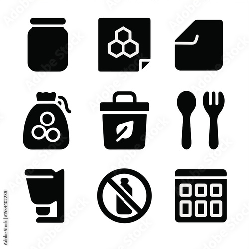 Zero Waste Icons. Solid, filled icons set of zero waste kitchen: reusable jar, beeswax wrap, cloth towel,