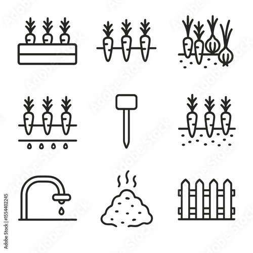 Carrot Garden Icons. Outline icon set of Carrot Garden Layout: raised bed plot, row planting, companion planting with onions,