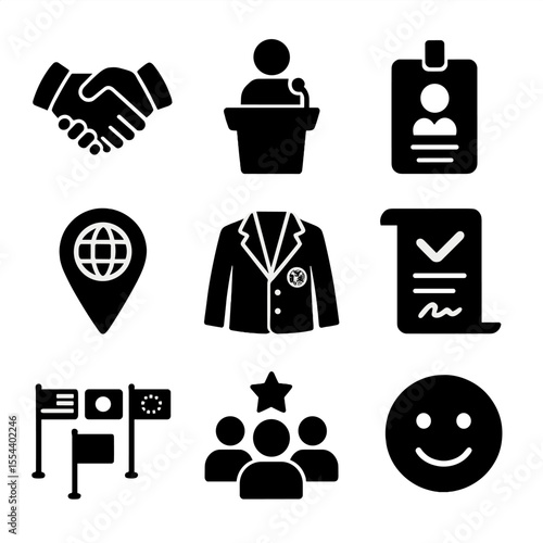 Youth Program Icons. Solid, filled icons set of youth ambassador programs: handshake icon, public speaking